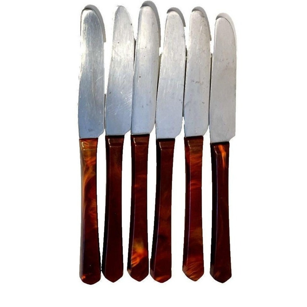 Vtg Kaylan Stainless Steel Serated Knives Brown Marbled Thermoset Handles MCM